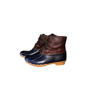 Sperry Top-Sider Rain Duck Boots Sz 6.5 Women’s Navy Blue Rubber Brown Leather